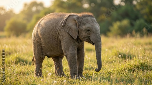 Adorable young elephant standing in a grassy field during golden hour sunset with soft warm light illuminating its textured skin