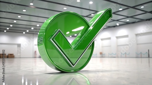 Green Check Mark Symbol in a Circular Frame in a Large Hallway glossy