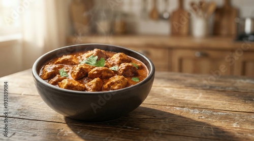 Delicious steaming hot chicken tikka masala or butter chicken served in a dark bowl on a rustic wooden table in a bright kitchen setting