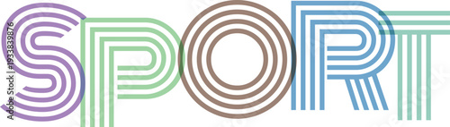Sport word art with layered colorful lines and circular shapes for fitness apparel and tournament promotional materials now