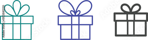 Three Gift Box Icons in Teal Blue and Gray Styles with Bows present symbol