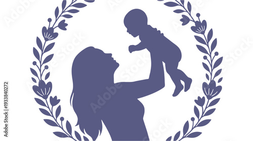 Mother lifting baby up framed by a decorative floral wreath