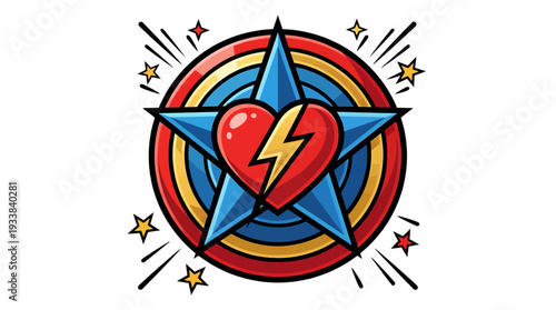 Superhero badge with broken heart and lightning bolt symbol