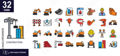  Set of 32 Construction icons in line color style.