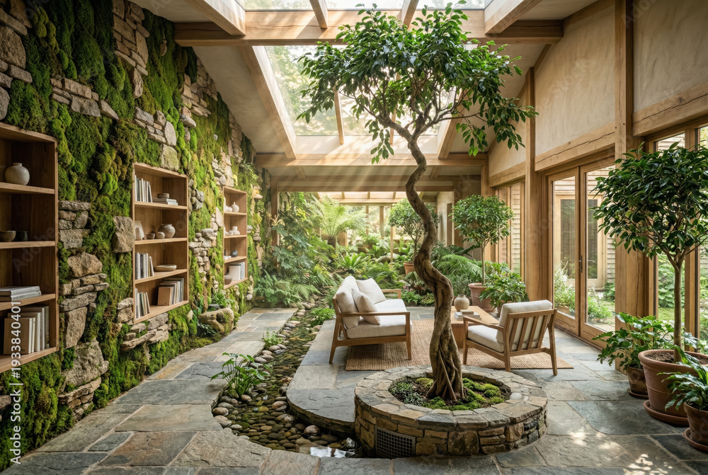 Fototapeta premium Modern indoor courtyard with lush plants, biophilic architecture and natural light .generative AI