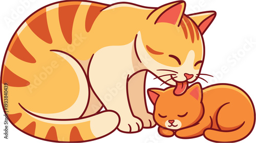 Mother cat licking her baby kitten with tender affection