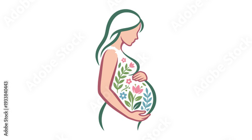 Pregnant woman holding belly with floral design inside
