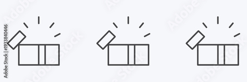 Three Icons of an Open Box with Sparkle Lines on White Background Keywords: box, open, gift, present, surprise, icon, symbol