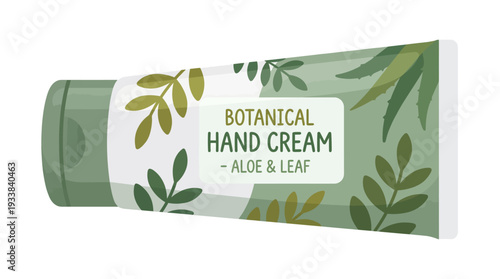 Botanical hand cream tube with aloe and leaf design for skincare