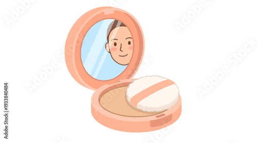 Compact powder with mirror reflecting a woman's face