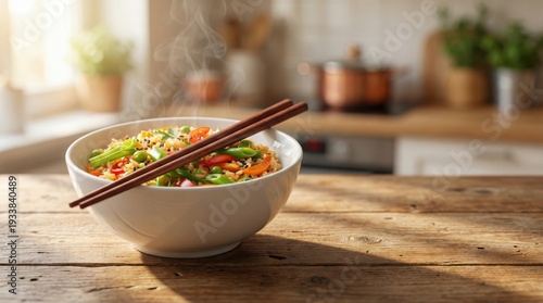 Steaming bowl of asian noodles with vegetables and chopsticks resting on a sunlit wooden table in a kitchen