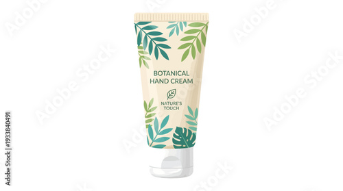 Botanical hand cream tube with leaves and natures touch text