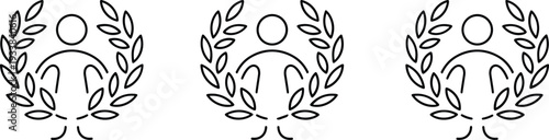 Three identical black line art laurel wreath symbols with human figures and circles on white background Keywords: laurel wreath