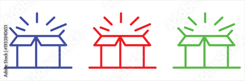 Three Open Box Icons with Rays of Light in Blue Red and Green on a White Background untitled