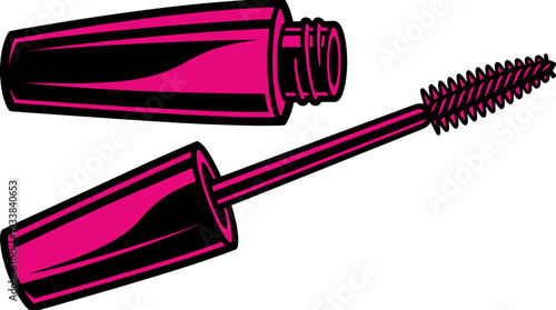 Pink mascara tube and applicator brush for beauty products