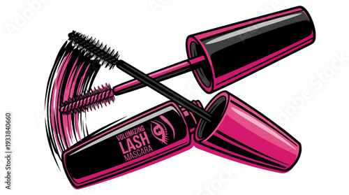 Volumizing lash mascara product illustration with brush stroke