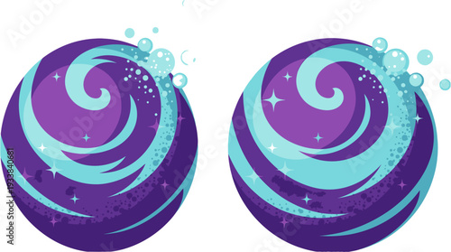 Two stylized purple bath bombs with swirling patterns and bubbles