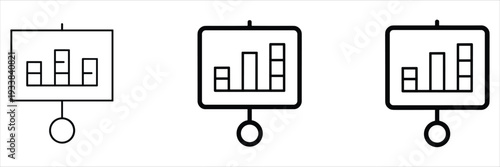 Three outline icons of a bar graph on a screen with a circle below Keywords: bar graph, chart, data, statistics, analytics