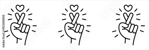 Three outline icons of a hand forming a heart shape with fingers on white Keywords: hand icon heart icon gesture icon love icon