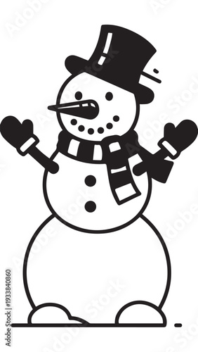Whimsical Snowman Illustration with Hat Scarf and Buttons in Simple Line Drawing.