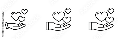 Three outline icons of a hand holding hearts on a white background Keywords: hand icon heart icon love icon care icon support