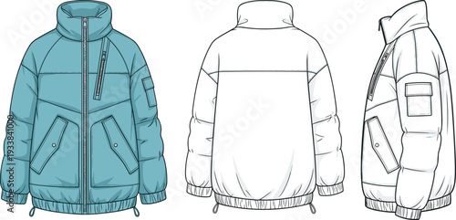 Women Puffer Jacket Technical Flat Sketch Vector Template Front Back and Side View Winter Quilted Coat CAD Mockup for Fashion Design