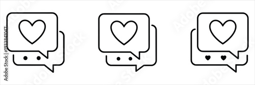 Three outline speech bubbles with hearts inside on a white background Keywords: speech bubble icon heart icon message icon