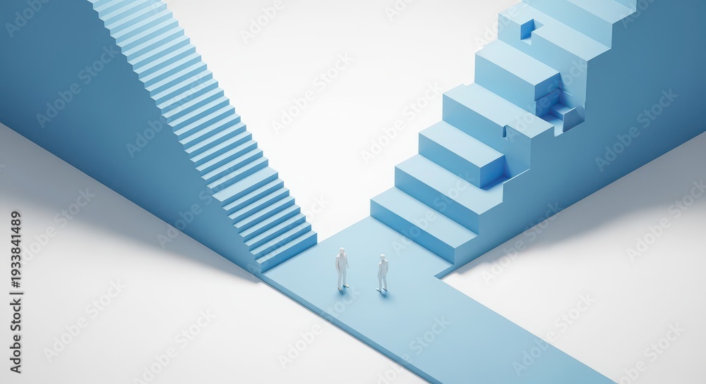 Obraz premium two people standing at crossroads with diverging staircases