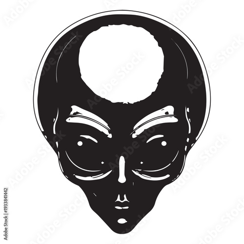 Abstract alien head silhouette illustration with large cranium and streamlined facial features.