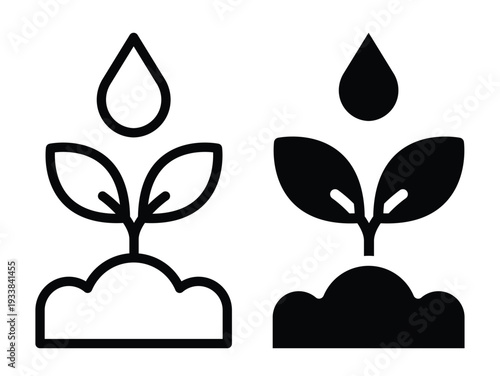 Minimalist Plant Icons with Water Drop Symbol in Black and White Style
