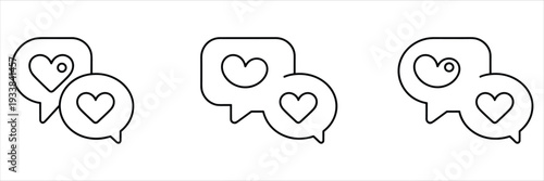 Three simple line icons of overlapping speech bubbles with hearts inside chat message