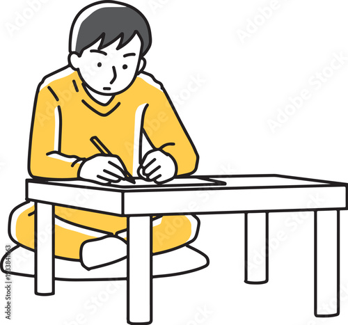 テーブルで手紙を書く男性