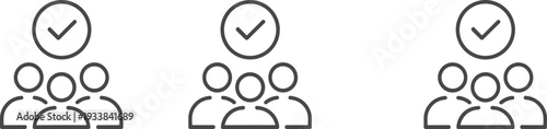 Three simple line icons of groups of people with a checkmark in a circle above vector illustration