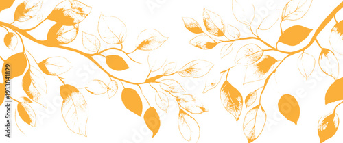 Yellow leafy branch with thin brown stem on white background leaves