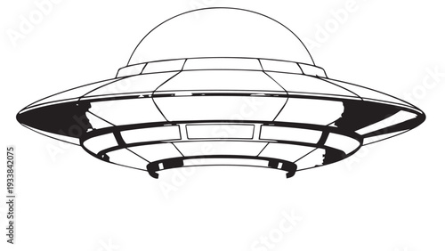 Futuristic flying saucer design with metallic rings and dome top illustration.
