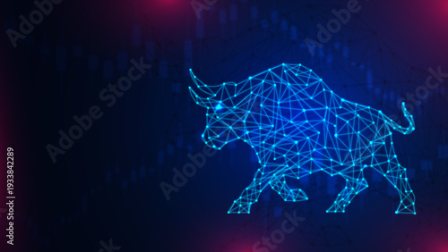 Blue Digital Wireframe Bull Representing Market Growth, Futuristic Plexus Bull Concept for Financial Technology, Abstract Stock Market Bull Trend and Investment Success, Cyber Network Bull Design for 