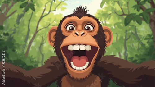 Vector illustration of a monkey taking a selfie in forest, mischievous energy of the moment as if the monkey just discovered the camera