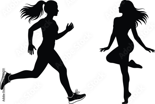 Female runner silhouettes set, woman jogging and jumping isolated fitness vector illustration