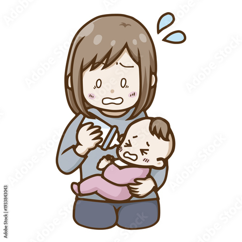 泣く赤ちゃんに哺乳瓶でミルクをあげて慌てる・困る母親のイラスト（育児ストレス・ミルク拒否）