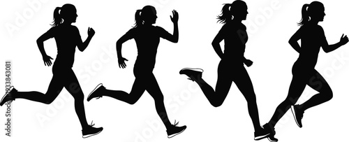 Female running silhouettes collection, woman jogger athlete isolated vector illustration set