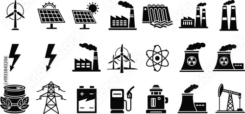 Energy industry icon set, renewable and nonrenewable power generation vector collection