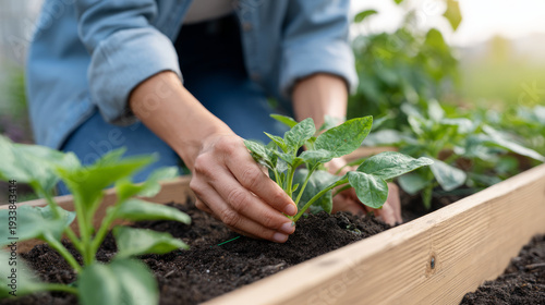Gardener's hands carefully planting a small green seedling into rich, dark soil in a raised bed