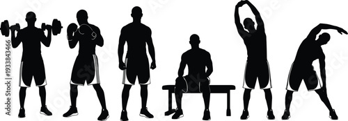 Gym workout silhouettes set, male athlete weightlifting and stretching isolated vector illustration