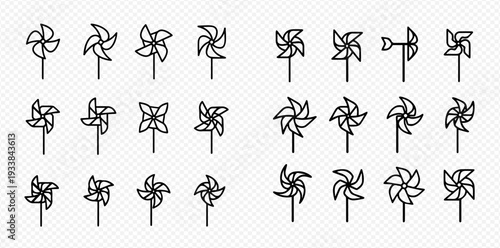 Set of various black outline pinwheel icons on a transparent background, featuring different blade designs and orientations.