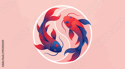 Minimalist Koi Fish Yin Yang Illustration – Red and Blue Aesthetic Art Design