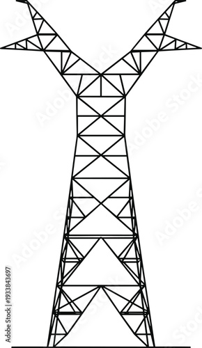 High voltage electricity transmission tower silhouette, power line pylon isolated vector on white