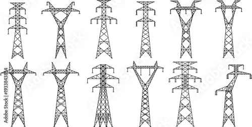 High voltage power transmission towers collection, electricity pylons isolated vector set on white background
