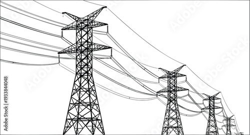 High voltage power transmission towers with lines, electricity grid vector isolated on white background