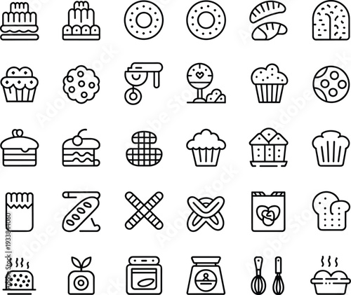 Bakery dessert line icons collection vector illustration, bread cake pastry kitchen tools editable stroke outline set