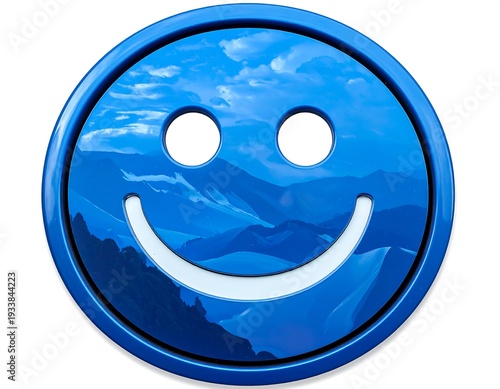 A smiling emoji icon featuring a landscape scene in its face and a shiny, blue border, perfect for digital use